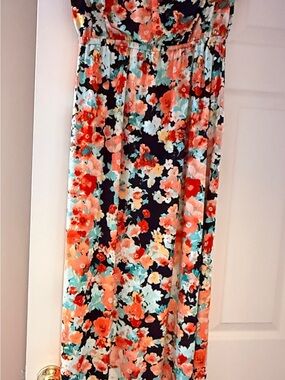 Trixxi Navy Maxi Skirt with Coral and Aqua Floral Print